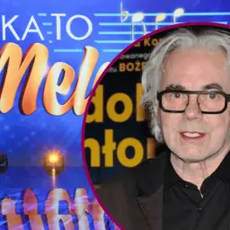 Kto poprowadzi Jaka to melodia? Na zdjęciu widać fragment sceny z napisem "Jaka to melodia" oraz zbliżenie na twarz mężczyzny w okularach.