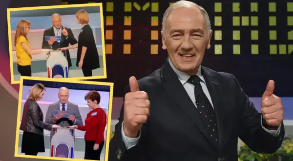 Prowadzący Familiady z kciukiem w górę, obok fragmentów gry z uczestnikami.